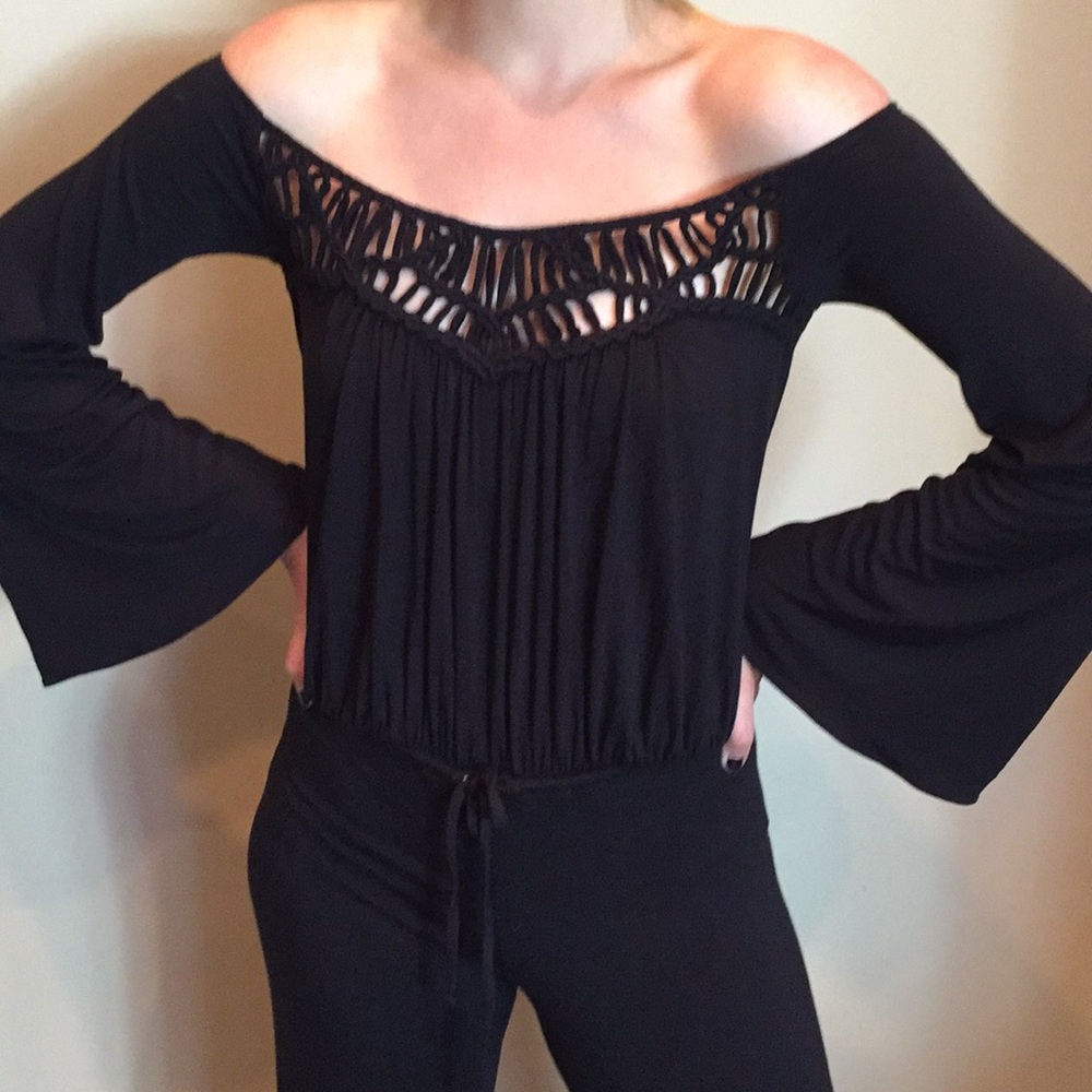 SKY Black Jersey Knit Off Shoulder Jumpsuit NWT - Picture 2 of 8